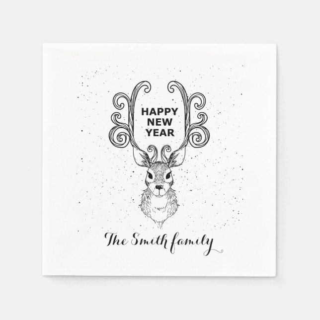 Nya årets magiska svarta och vita renar pappersservett (Framsidan)