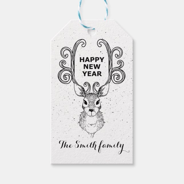 Nya årets magiska svarta och vita renar presentetikett (Framsidan)