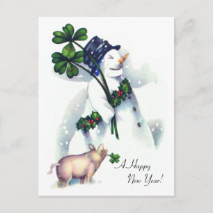 Nya årets Snögubbe med Lucky Gris Helg Vykort