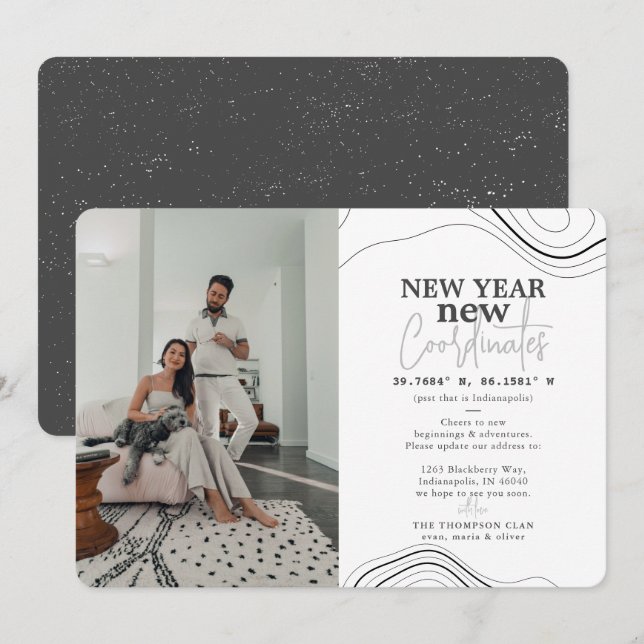 Nya års koordinater för PhotoGray Flytta-meddeland Julkort (Fram/baksida)