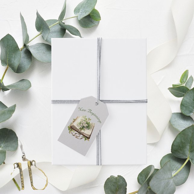 Nya Början Blommig Öppen Bok Bröllop Presentetikett (New Beginnings Gift Tags)