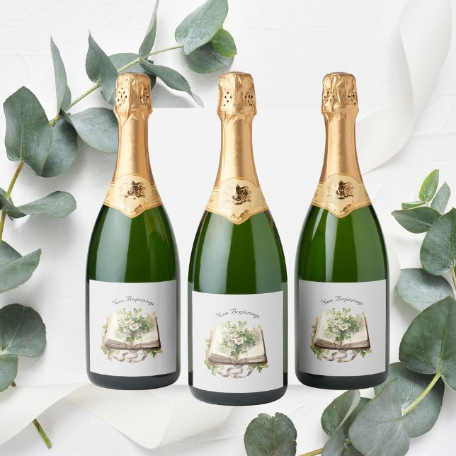 Nya början Blommigten Öppna Bok Bröllop (New Beginners Open Book Wine Labels)