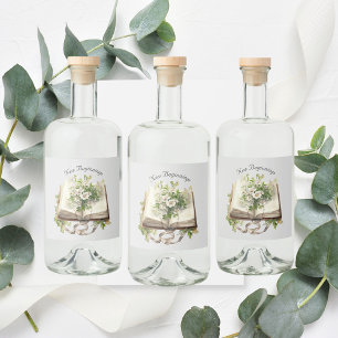 Nya början Blommigten Öppna Bok Bröllop Spritflaskor Etikett