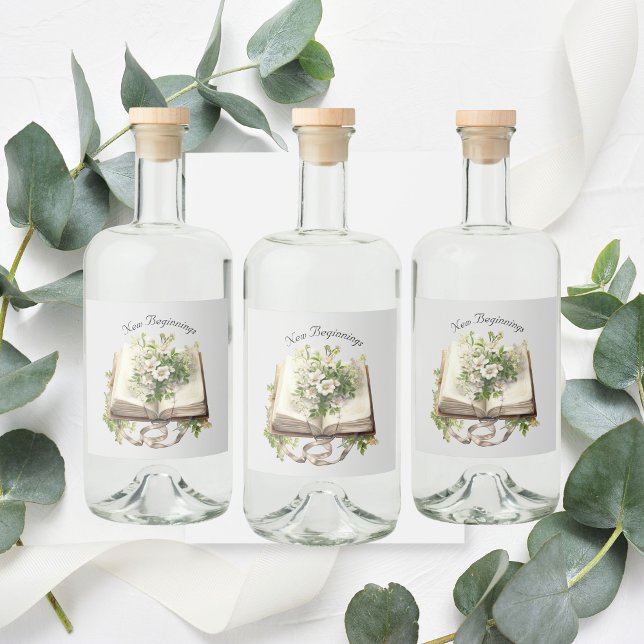 Nya början Blommigten Öppna Bok Bröllop Spritflaskor Etikett (New Beginnings Liquor Labels )