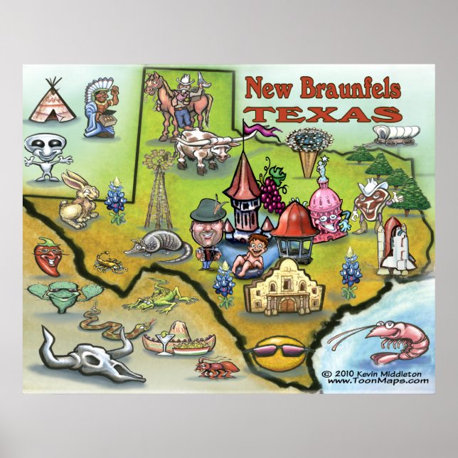 Nya Braunfels TEXAS Karta Poster (Framsidan)