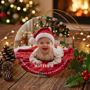 Nya Föräldrars Första Jul Bebis Foto Julgransprydnad Keramik