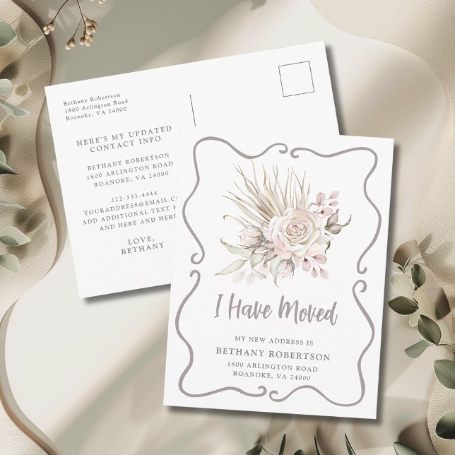 Nya Hem Boho Rosé Rosa Rosor Flytt Vykort (I Have Moved Boho Blush Pink Roses with Eucalyptus New Address Postcard)