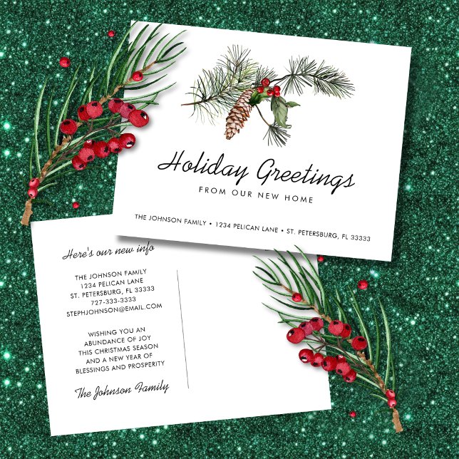 Nya Hem Tallgren Jul Bär i Rörelse Meddelande Vykort (New Home Pine Bough Christmas Berries Moving Announcement Postcard)