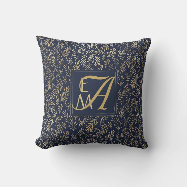 Nya hemororden för Monogram Navy Guld Löv Newlywed Kudde (Framsida)
