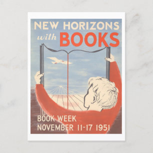 "Nya horisonter med Bokar" Vintage Bibliotek Poste Vykort