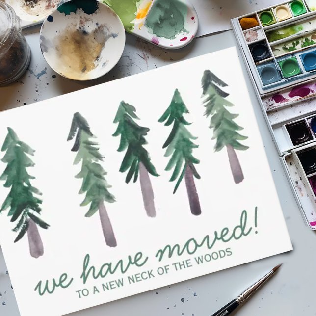 NYA HUS Gräs Träd-Skogen med minimalistisk vattenf Vykort (Forest pine trees watercolor custom moving announcement address change postcard)