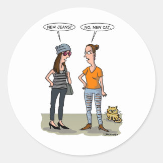 Nya jeans? Nej, ny katt. Viket gratulationskort Runt Klistermärke