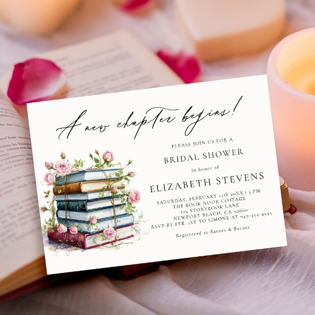 Nya kapitel Bok Älskare Bookworm Ro Möhippa Inbjudningar (a new chapter book lover bridal shower invitation watercolor rose vines floral botanical calligraphy)
