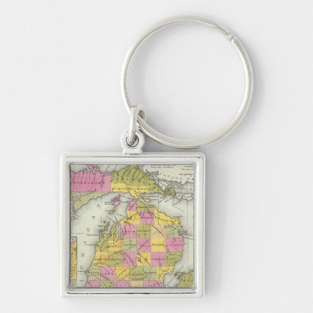 Nya Kartan Michigan 2 Fyrkantig Silverfärgad Nyckelring (Framsidan)
