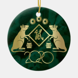Nya kinesiska året Råtta - Malakit och Guld Julgransprydnad Keramik