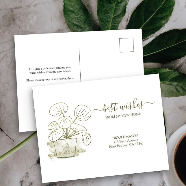 Nya meddelanden om Flytta av hemmabruk för kinesis Vykort (New Address postcard with watercolor line art potted plant design)