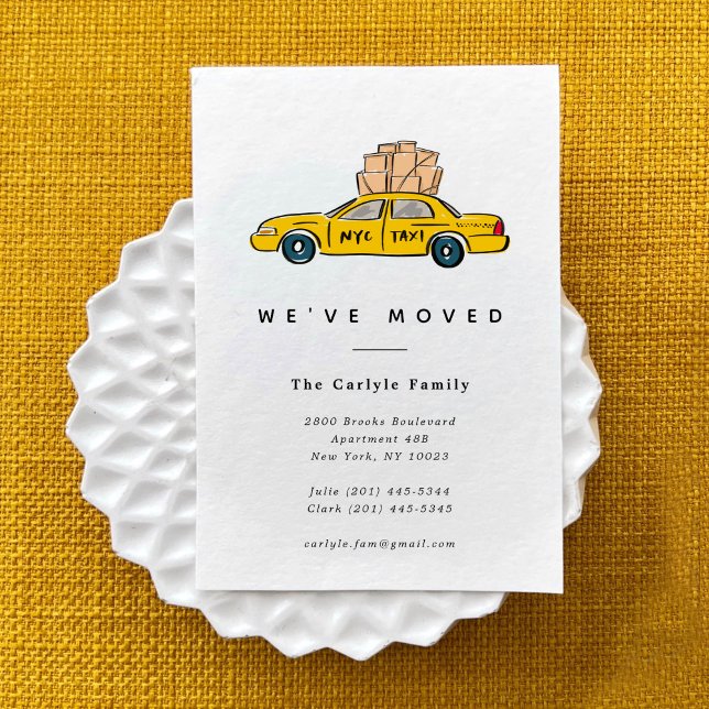 Nya meddelanden om Flytta i New York Gult Taxi (Hand-drawn NYC yellow taxi illustration for a New York City moving announcement card.)