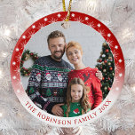 Nya Modern Stil Dubbla Side två foto Snöflingor Julgransprydnad Keramik<br><div class="desc">Nytt modernt stil, dubbla vid sidan, två foto, runda keramiska prydnadsföremål. På framsidan har den här anpassningsbarnas prydnadsdesign ett eget foto som är markerat i ett unikt vitt övertonat ram med delikat snöflingor. Utformningen av modern typografi visningar din familj namn och året eller kan redigeras för att läsa vad du...</div>