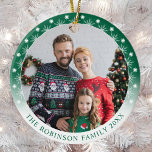 Nya Modern Stil Dubbla Side två foto Snöflingor Julgransprydnad Keramik<br><div class="desc">Nytt modernt stil, dubbla vid sidan, två foto, runda keramiska prydnadsföremål. På framsidan har den här anpassningsbarnas prydnadsdesign ett eget foto som markerats i ett unikt vitt och grönt ram med delikat snöflingor. Utformningen av modern typografi visningar din familj namn och året eller kan redigeras för att läsa vad du...</div>