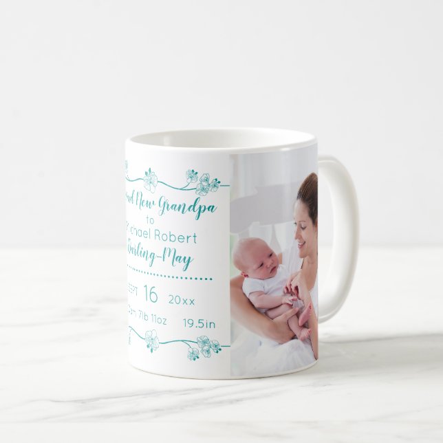 Nya morfarfoto & födelsestatistik - grönt & vit kaffemugg (Framsida höger)