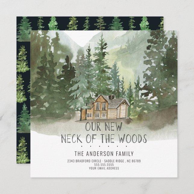 Nya Nacke i Skogen bergsmeddelande om Flytta i Inbjudningar (Fram/baksida)