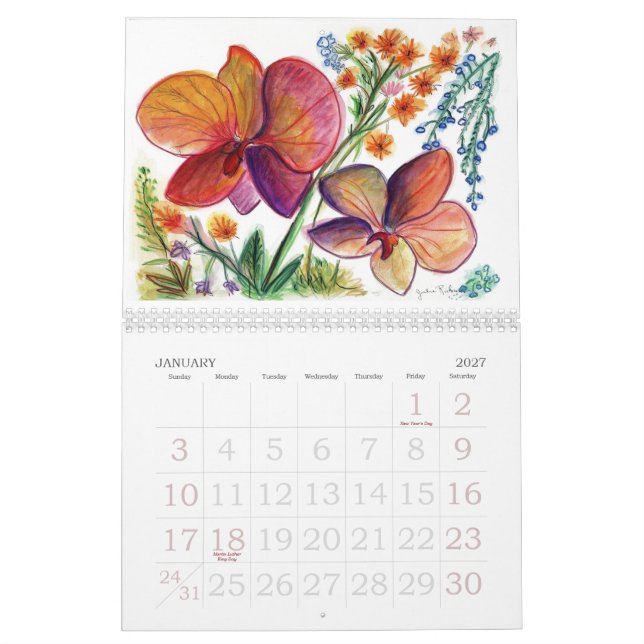 Nya orange- och lilablommamålningar kalender (Jan 2027)