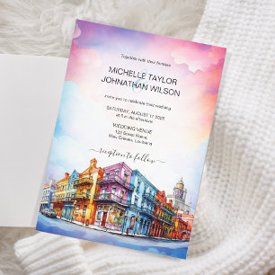 Nya Orleans Watercolor, Modern Destinationsbröllop Inbjudningar