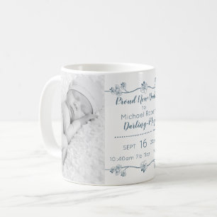 Nya pappababyfoto & födelsestatistik - blått & v kaffemugg