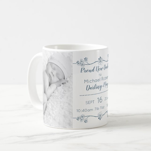 Nya pappababyfoto & födelsestatistik - blått & vit kaffemugg (Framsida vänster)