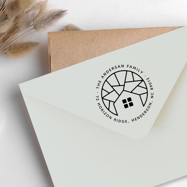 Nya rötter Hus Träd Familj Namn Returadress Stämpel (Art Deco House Trees Family Name Return Address Rubber Stamp)