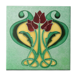 Nya vackra Art nouveau, Grönt Blommigt Kakelplatta
