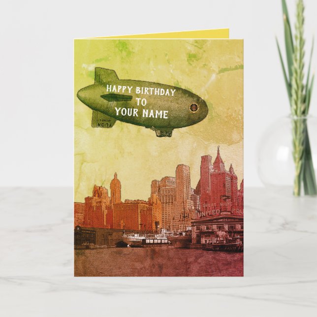 NYA YORK CITY 1930'S SKYLINE BLIMP DIN BIRTHDAY KORT (Framsida)