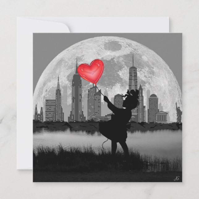NYA YORK Full Moon Girl med Heart Balloon Art Card (Framsida)