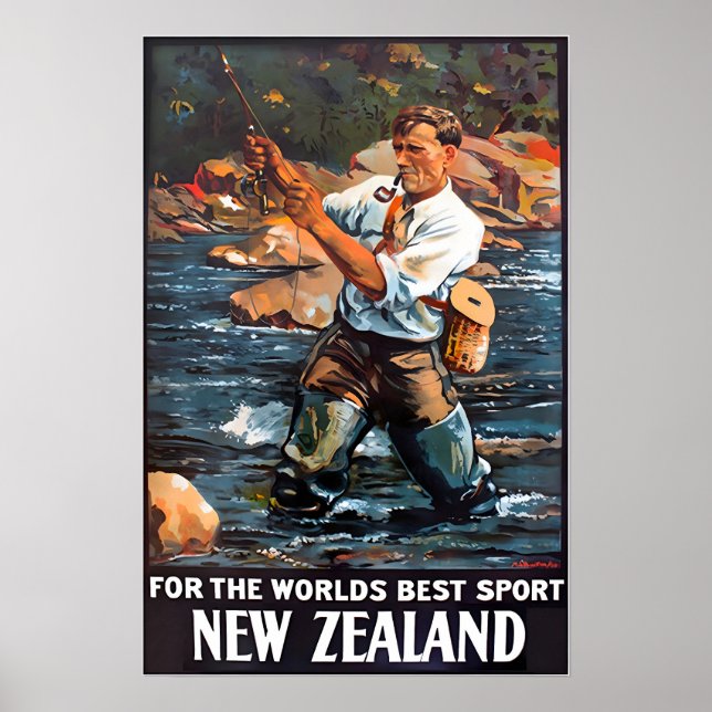 Nya Zeeland Art Fly Fishing Print Resa Affisch  (Framsidan)