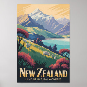 Nya Zeeland Får Illustration Resa Konst Vintage Poster