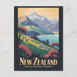 Nya Zeeland Får Illustration Resa Konst Vintage Vykort