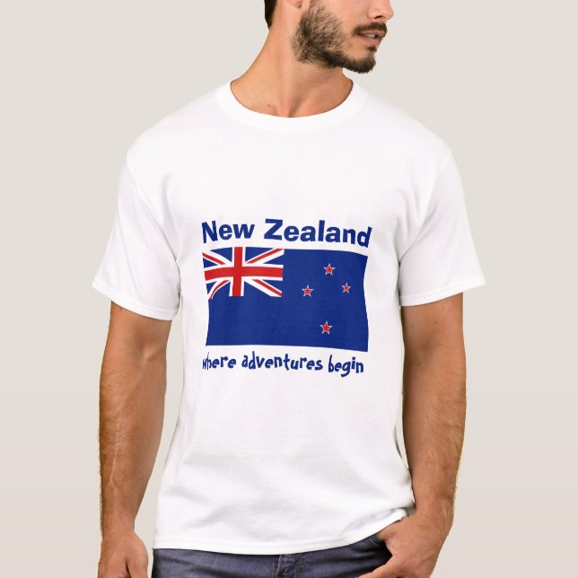 Nya Zeeland Flagga + Karta + Text T-Shirt (Framsida)