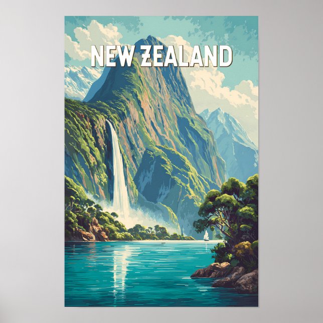 Nya Zeeland Illustration Resa Konst Vintage Poster (Framsidan)