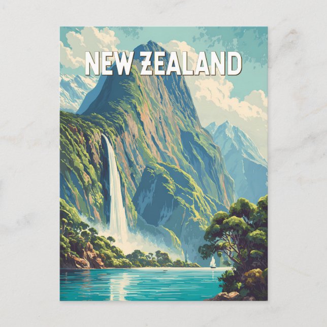 Nya Zeeland Illustration Resa Konst Vintage Vykort (Framsida)