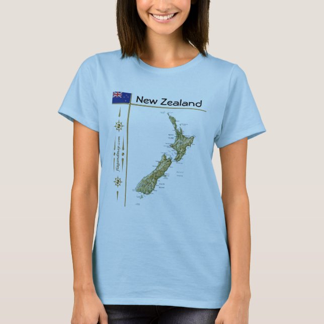 Nya Zeeland Kart + Flagga + Titel T-Shirt (Framsida)