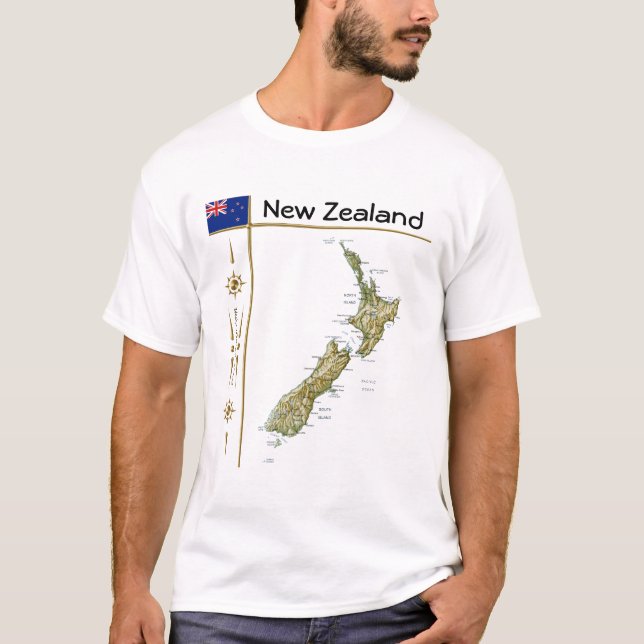 Nya Zeeland Karta + Flagga + Avdelning T-Shirt (Framsida)