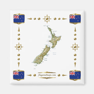 Nya Zeeland Karta + Flaggor Magnet