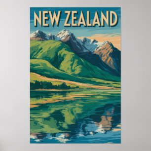 Nya Zeeland Landskapsillustration Resa Konst Poster