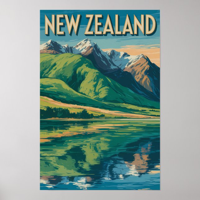 Nya Zeeland Landskapsillustration Resa Konst Poster (Framsidan)