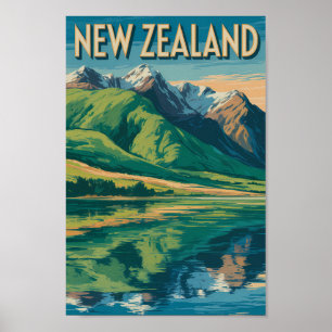 Nya Zeeland Landskapsillustration Resa Konst Poster