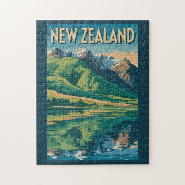 Nya Zeeland Landskapsillustration Resa Konst Pussel (Vertikal)