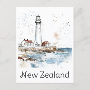 Nya Zeeland Lighthouse Watercolor Travel Vykort
