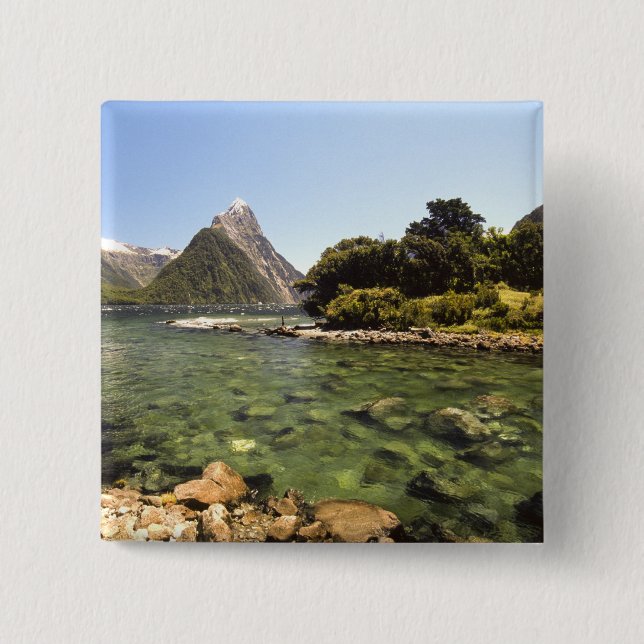 Nya Zeeland, Mitre Peak, & Bowen River som går in Knapp (Framsida)