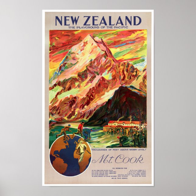 Nya Zeeland Mt. Cook Vintage resor Poster (Framsidan)