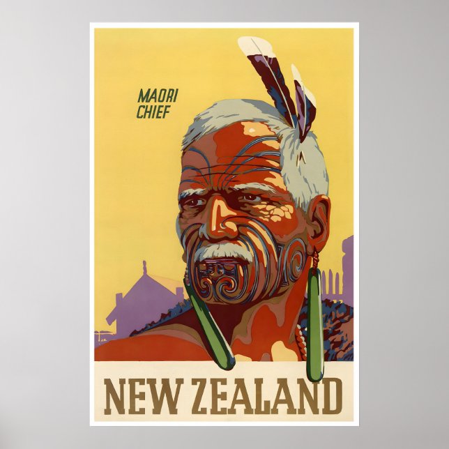 Nya Zeeland Print Maori Chief Affisch Resa Konst (Framsidan)